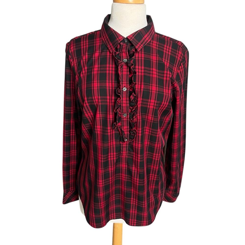 Talbots Shirt Red Plaid Long Sleeve Ruffle Stretch Button Collar Holiday Medium